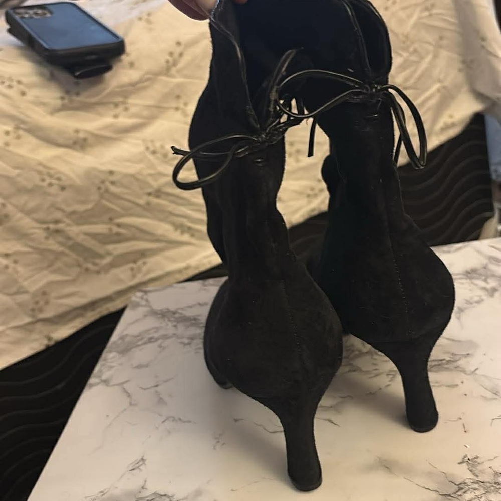 Women's Black Suede Lace-Up Ankle Booties with Tapered Heel